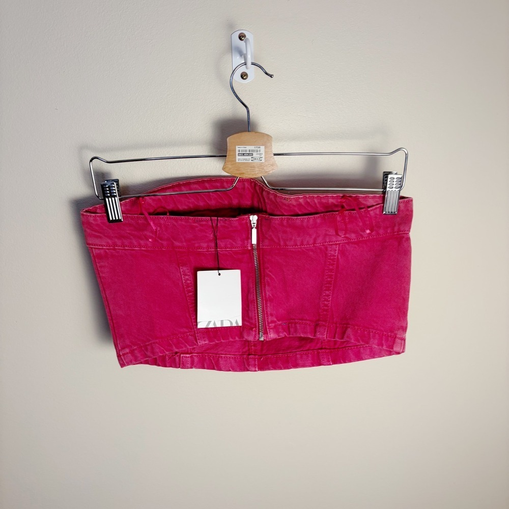 Zara Tube Top Womens Pink Denim Corset Strapless Crop Zip Back 100% Cotton - Picture 3 of 7